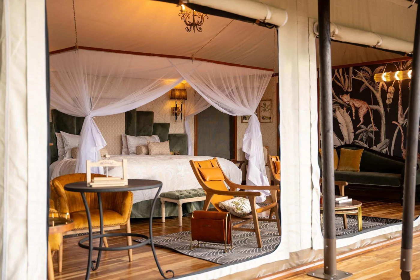 Tent interior at Cottar’s 1920s Camp; booked room category is confirmed separately